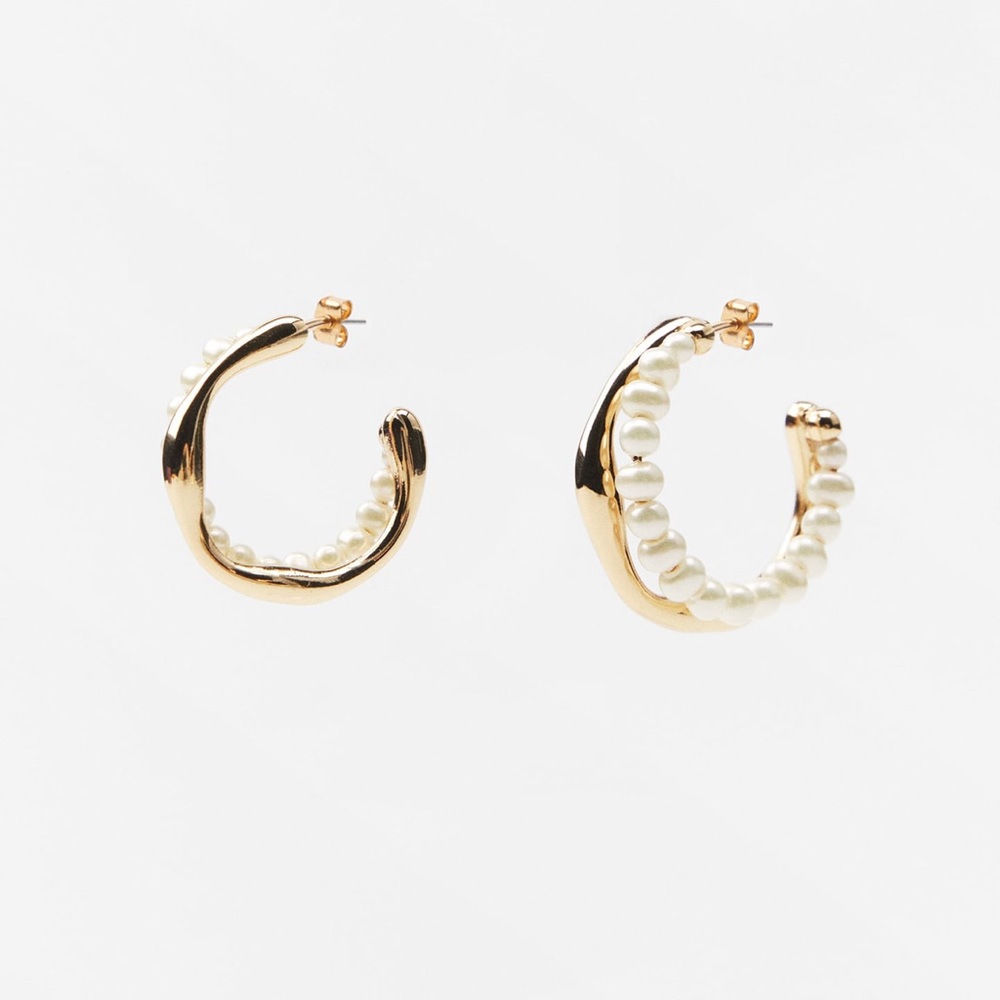 Zara Gold Tone Pearl Hoop Earrings- NWT